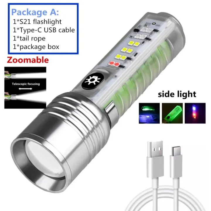 520A Multifunctional Zoom Flashlight,  Rechargeable Torch with White, Red, Blue