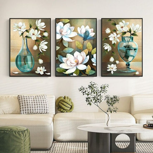 White Blossom and Teal Vase Wall Art