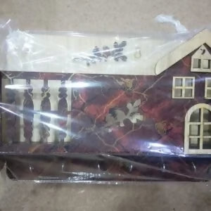 Decorative Wooden House Key Holder – Wall Mounted Key Organizer with 6 Hooks & Marble Finish Design