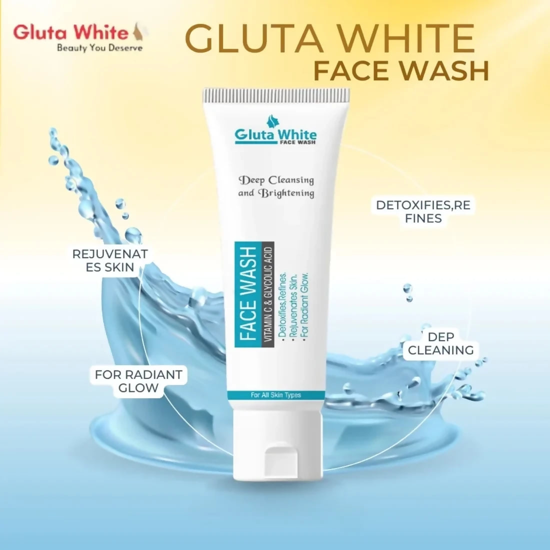 Gluta White Face Wash | Deep Cleansing Brightening Oil Control Gentle Daily Cleanser