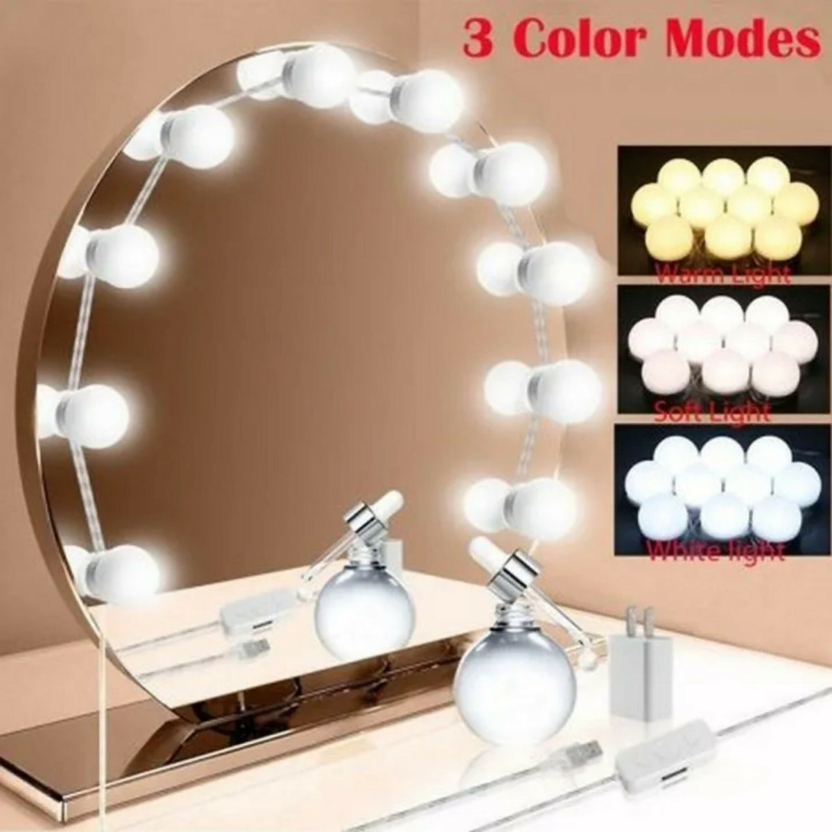 10 Bulb Vanity Mirror LED Light Kit – 3 Modes USB Makeup Lights