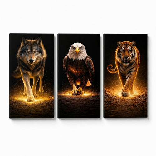 Wolf eagle and tiger wooden wall art set