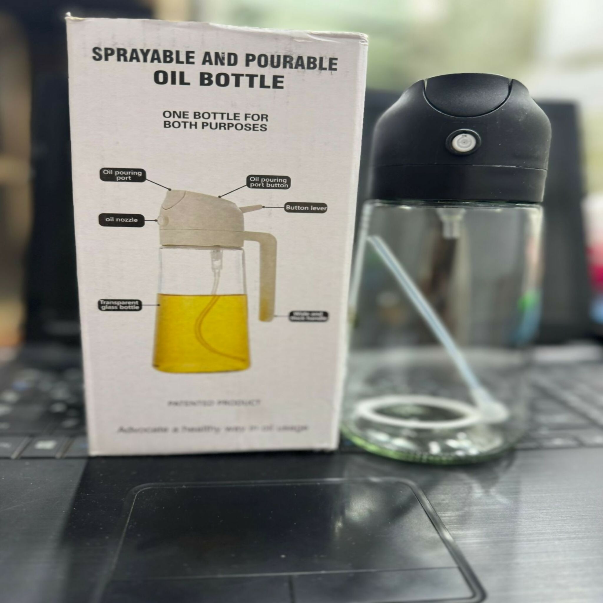 2-in-1 Oil Spray Bottle | Adjustable Mist & Dispenser | 470ml Leak-Proof Glass Container | For Cooking, BBQ, Baking & Air Fryer 470ml (Random Color)