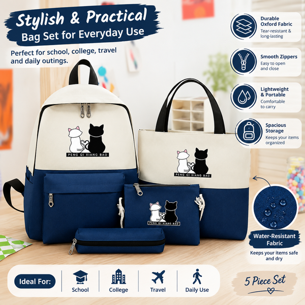 Cute Cat Print 5-Piece School Bag Set for Girls – Backpack, Handbag, Crossbody Pouch, Pencil Case & Lunch Bag – Black
