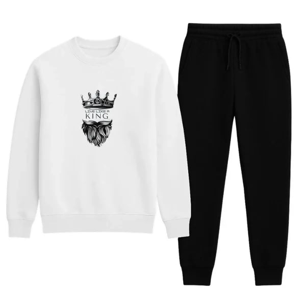 KING Printed White Tracksuit Sweatshirt & Trouser | Warm & Comfortable Winter Wear | Medium, Large and XL