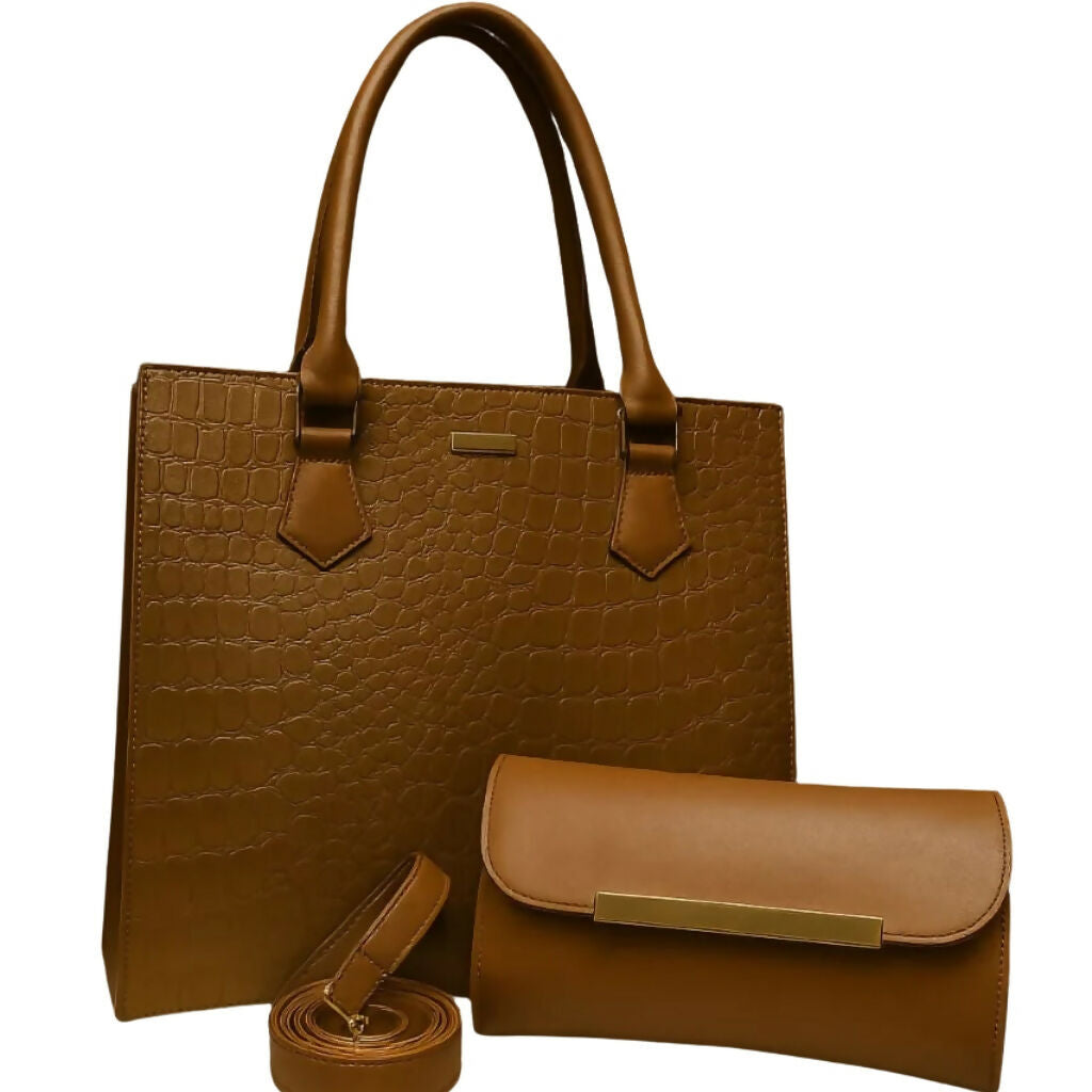 2-in-1 Subtle Textured PU Leather Bag Set, Tote & Clutch Combo, for Women