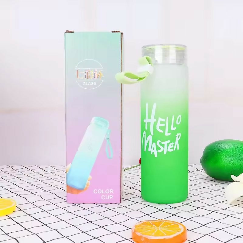 Frosted Glass Water Bottle With Hello Master Decal Logo – 400ml (Random color)