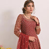 Dress Set, Elegant Maroon Chiffon Ensemble 3-Piece Set with Intricate Embroidery