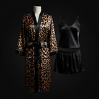 Couple Leopard Print & Black Satin Sleepwear Set – 4 Pcs Robe & Nightdress Set (DC-1021)