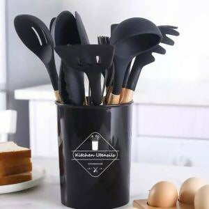 Kitchen Non toxic Spatula Set with Turner Tongs,Spoon,Brush,Whisk-Wooden Handle – Random Color
