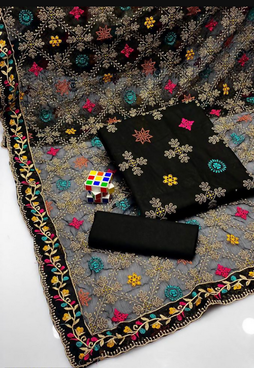 Black Embroidered Cotton Suit For Women With Khaadi Net Dupatta