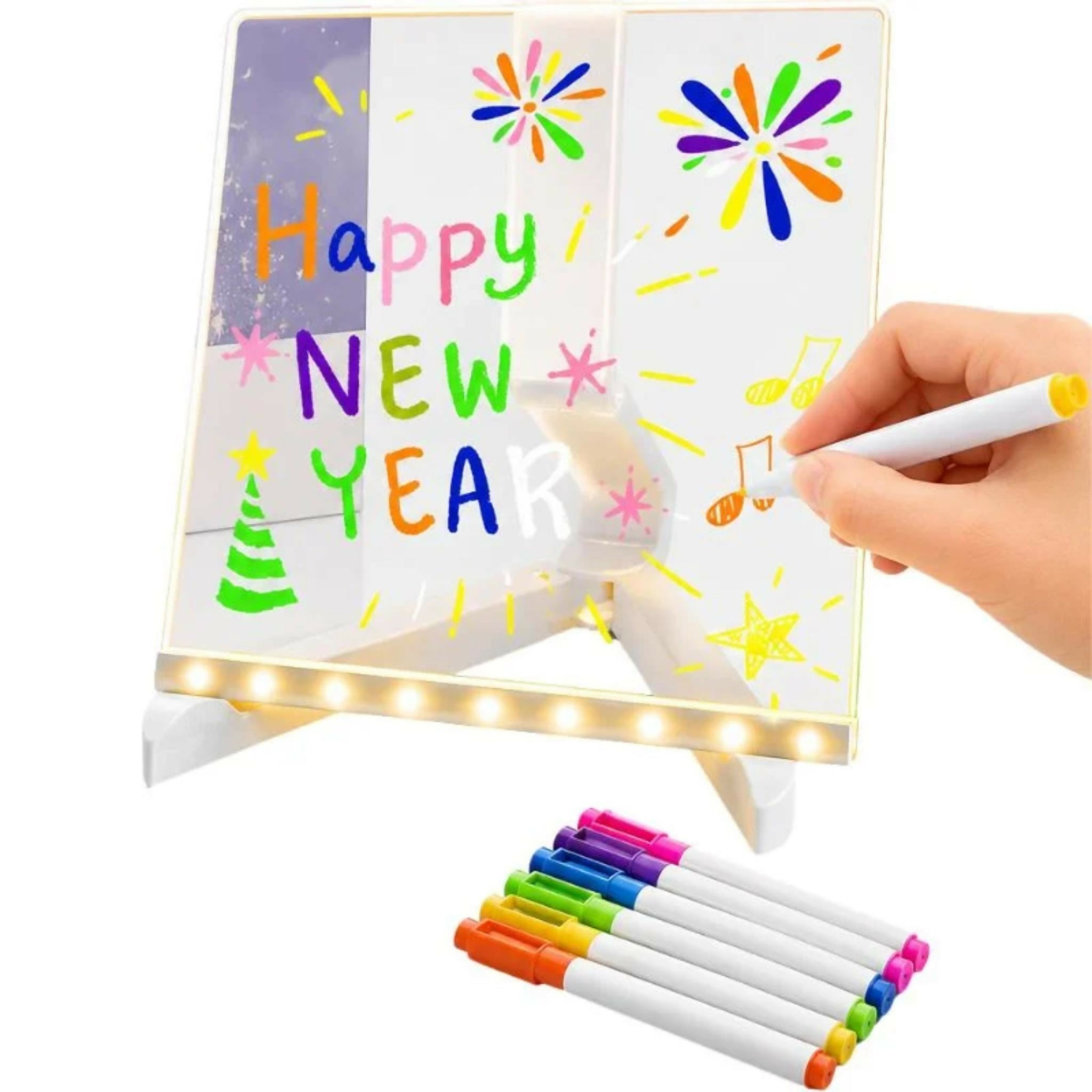 8x8 Inches LED Acrylic Writing Board with USB Light | 7 Colorful Erasable Pens | Message Board with Markers & Stand