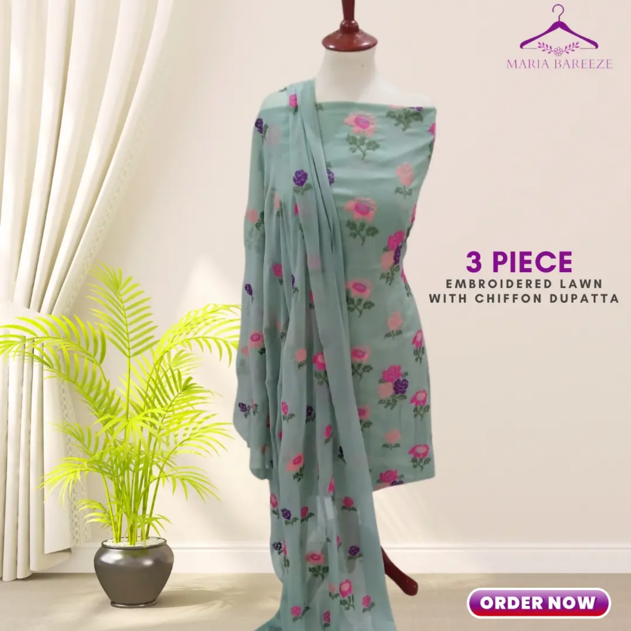 Unstitched Suit, Lawn Embroidered Dress with Shafoon Dupatta, for Women