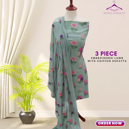 Unstitched Suit, Lawn Embroidered Dress with Shafoon Dupatta, for Women