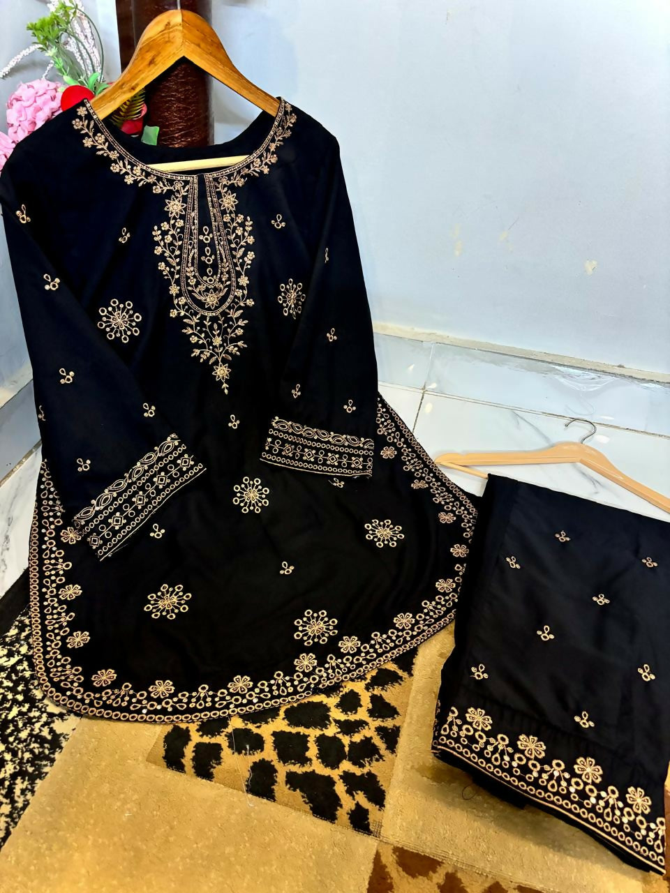 Malai Lawn Contrast Embroidered Shirt With Embroidered Sleeves & Malai Lawn Contrast Embroidered Farshi Shalwar 2pc Dress
