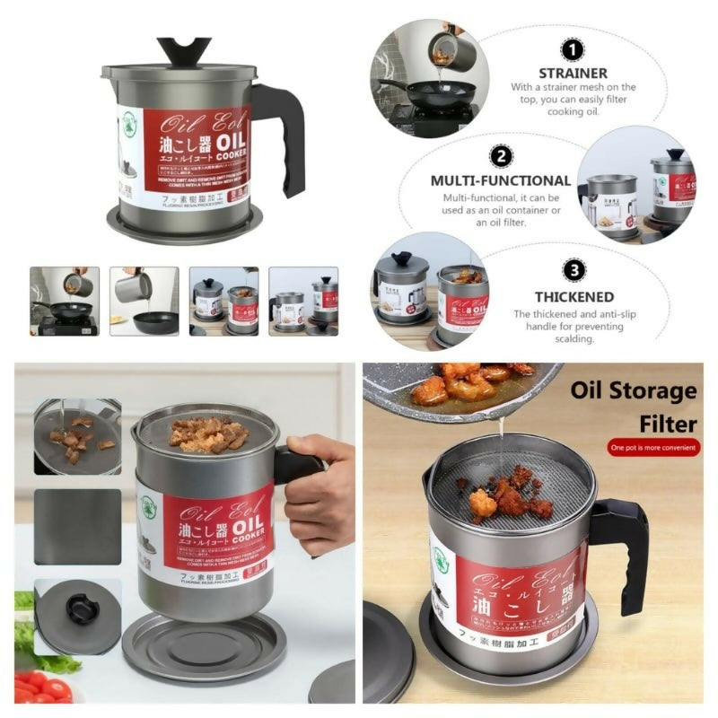 .4L Fryer Oil Filter Pot Carbon Steel Jug with Stainless Steel Strainer Lid