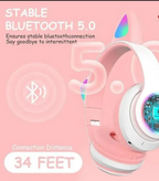 Cat Ear Bluetooth Headphones Pink With LED Light