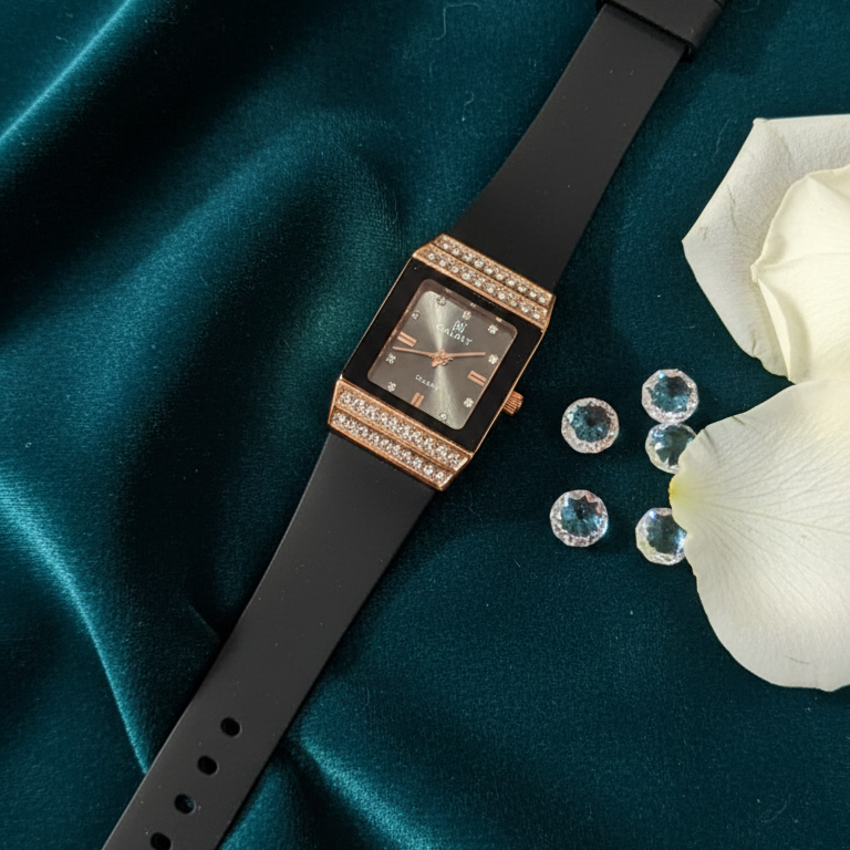 Midnight Elegance Rose Gold Rectangular Watch