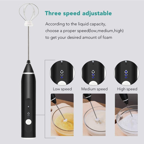 Rechargeable Milk Frother & Drink Mixer, 3-Speed Handheld Electric Whisk