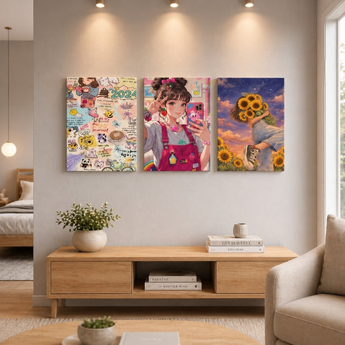 Cute anime girl aesthetic wooden wall art frame