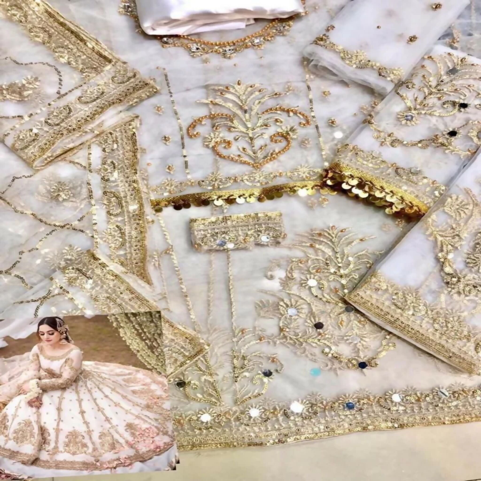 Long Frock,  Heavy Embroidery Sequin Work & Silk Trousers Dupatta