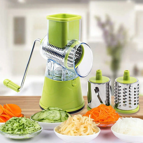Manual 3-in-1 Vegetable Cutter & Drum Grater – Table-Top Slicer