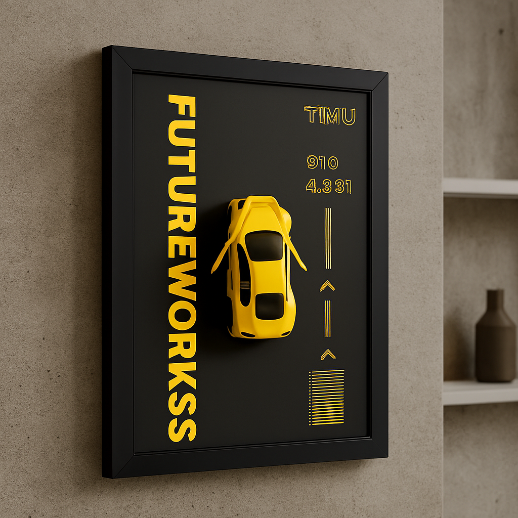 Metal 3D Yellow Sports Car Wall Frame For Modern Interior Decoration 8x12 Inch