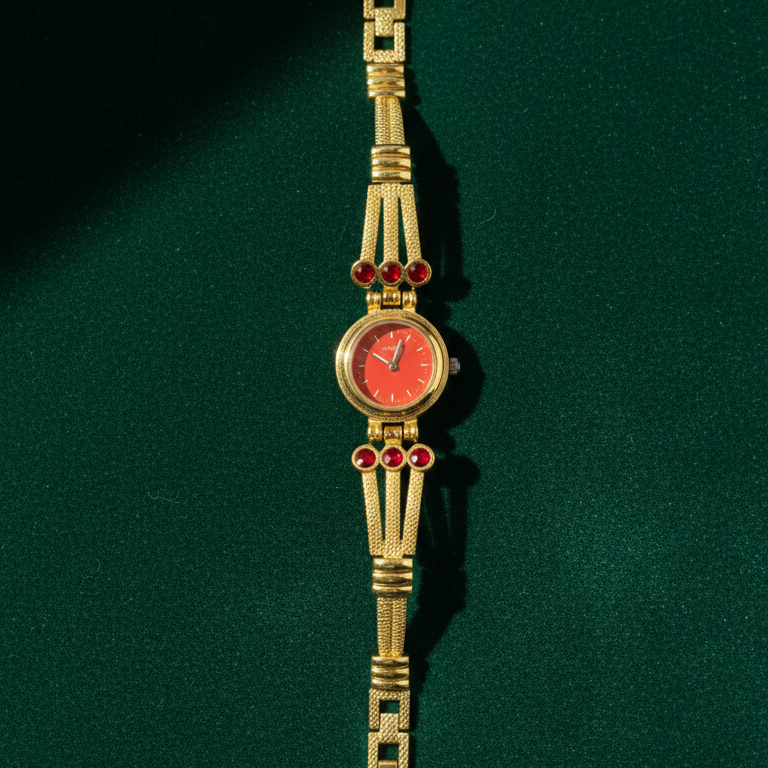 Coral Dial Gold-Tone Bracelet Watch with Ruby Crystal Accents