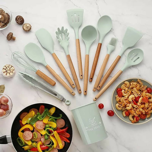 12 Pcs Silicone Cooking Utensils Kitchen Utensil Set | Heat Resistant Kitchen Non toxic Spatula Set with Turner Tongs,Spoon,Brush,Whisk-Wooden Handle – Random Color
