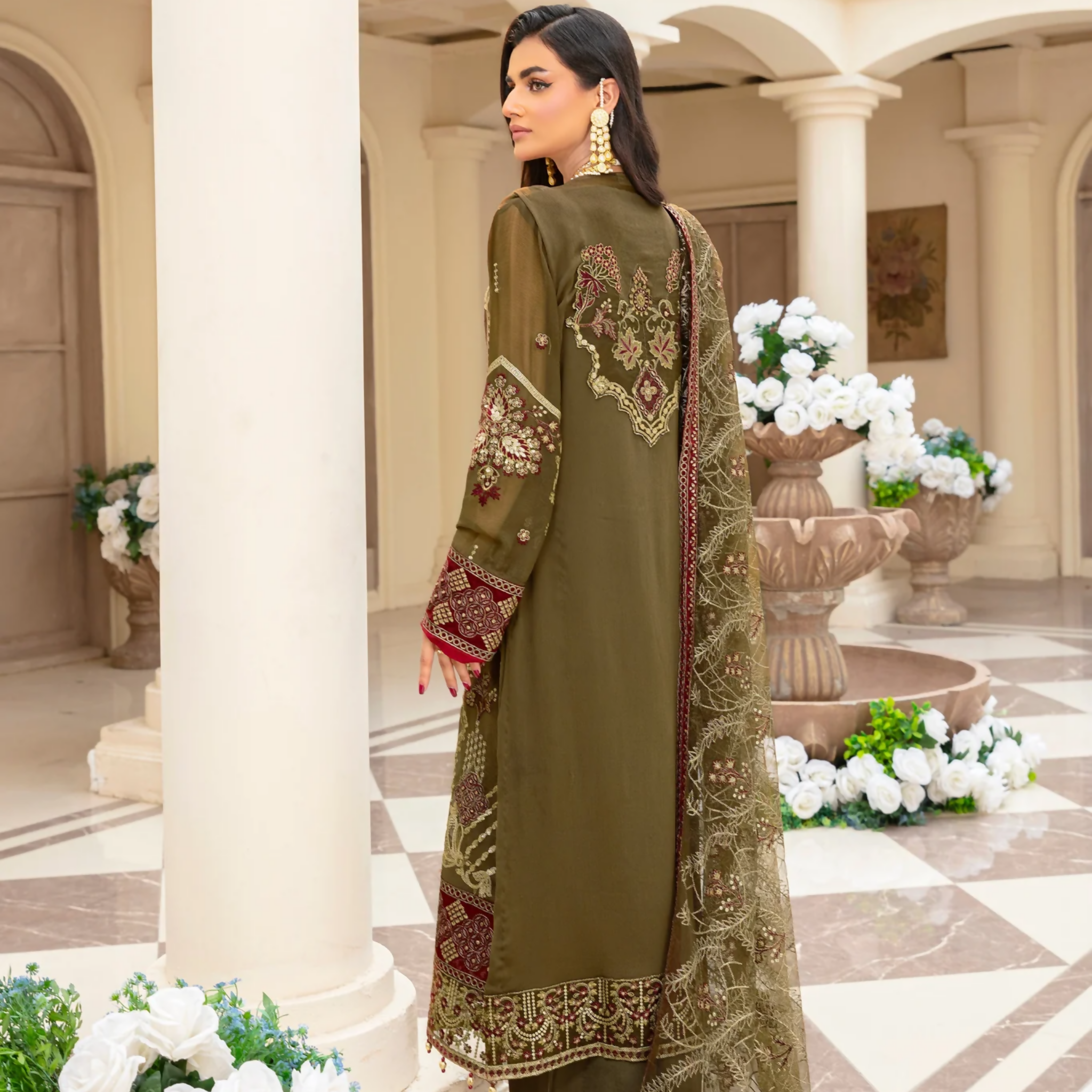 Unstitched Suit, Organza Dupatta Elegantly Embroidered & Hand-Embellished