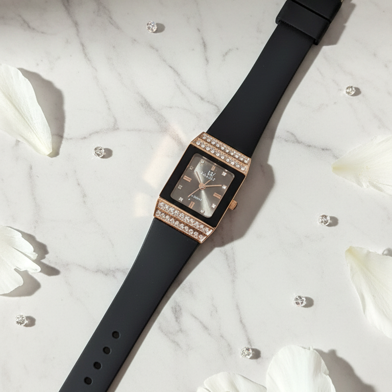 Midnight Elegance Rose Gold Rectangular Watch