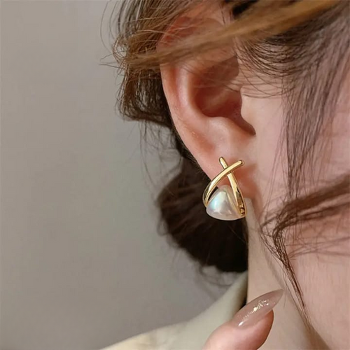 Trendy Korean Cross Pearl Earrings, Sculpted Design
