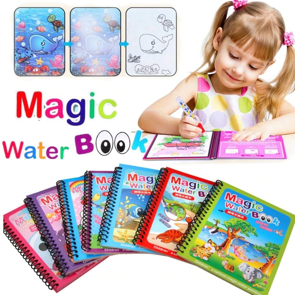 Magic Water Drawing Book, Reusable Coloring Book with Water Pen, Perfect for Kids