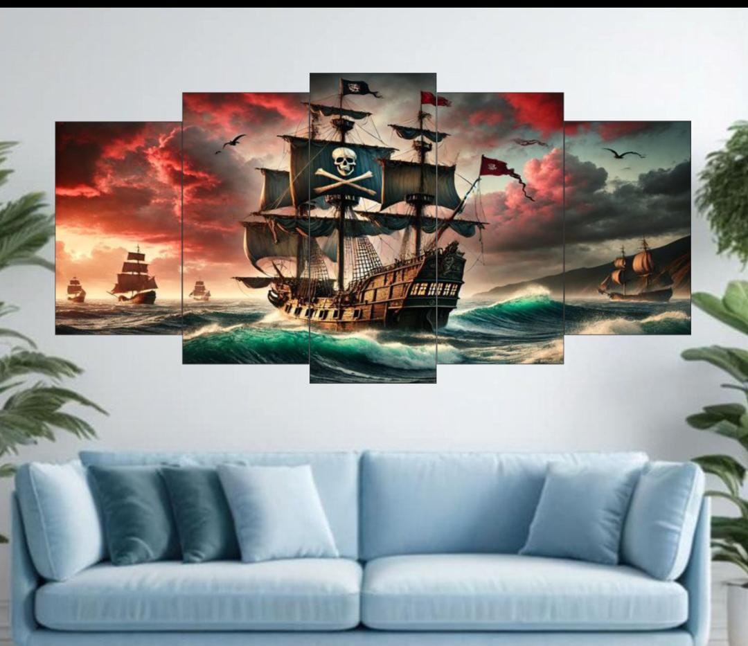 Pirate Ship Ocean Voyage Wall Art.  5-Piece Canvas Set