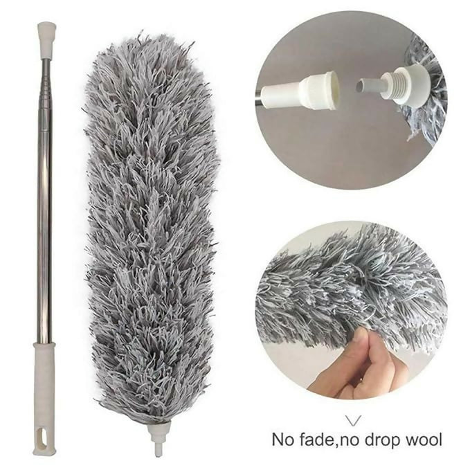 Microfiber Gray Fan Duster – Extendable Stainless Steel Long Pole & Bendable Washable Cleaning Brush