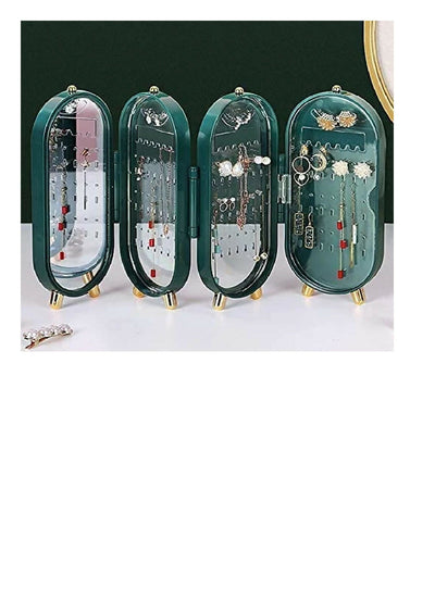 Jewellery Box Organiser with Mirror – Foldable Exquisite Dustproof Jewelry Storage Case Multi-Function Screen Shaped Metal Display Jewelry Stand for Earring – Necklace & Bracelet (Random Color)