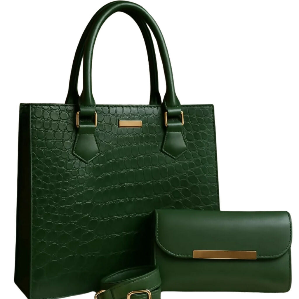 2-in-1 Subtle Textured PU Leather Bag Set, Tote & Clutch Combo, for Women