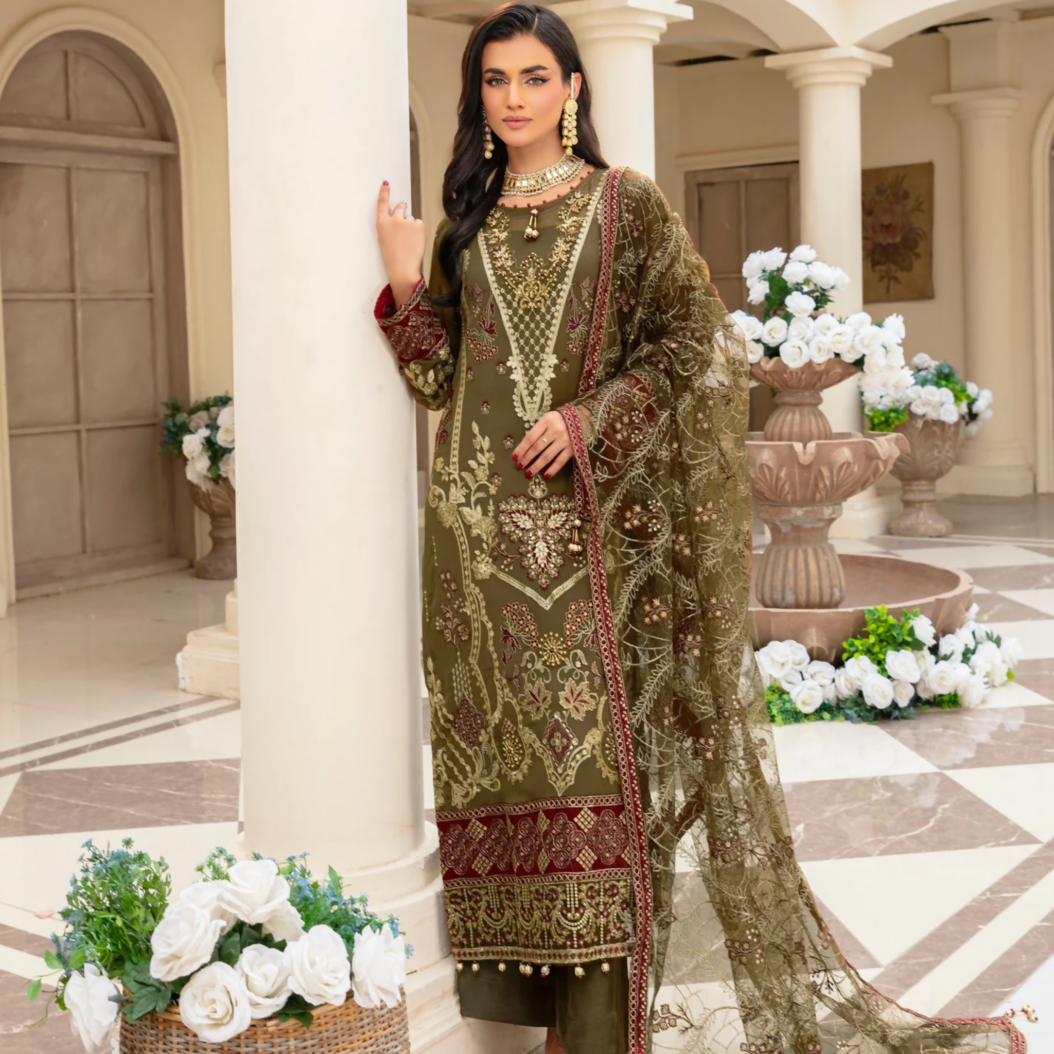 Unstitched Suit, Organza Dupatta Elegantly Embroidered & Hand-Embellished