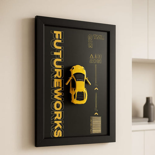 Metal 3D Yellow Sports Car Wall Frame For Modern Interior Decoration 8x12 Inch