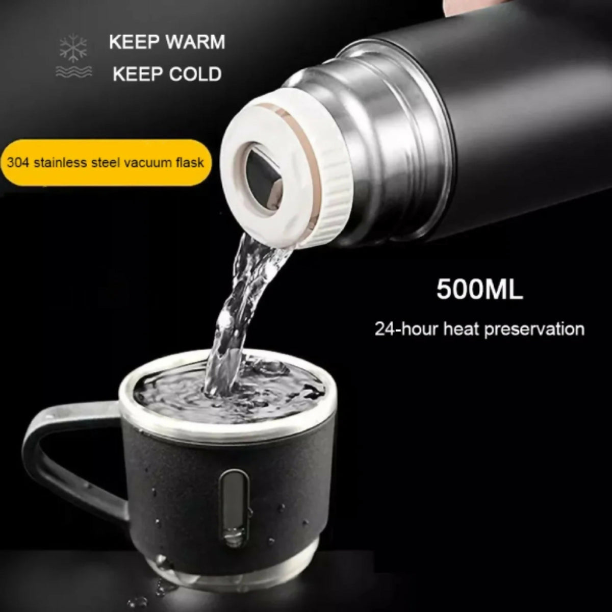 3-Cup 500ml Double-Wall Stainless Steel Vacuum Flask Set – Hot & Cold Travel Thermos