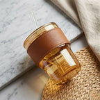 Premium Amber Glass Coffee Tumbler 400ml – Travel Mug with Leather Sleeve & Glass Straw