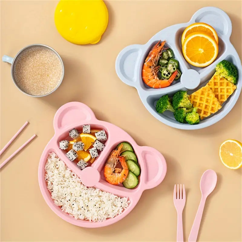 Cartoon Bear Divided Plate, with Spoon and Fork, for Kids - 5 Pcs