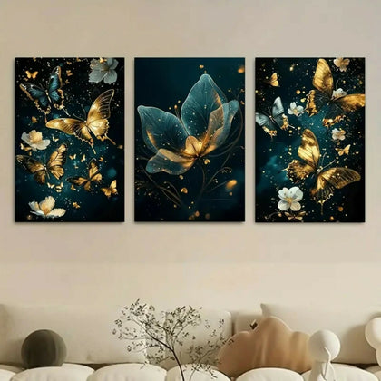 Butterfly Floral Wall Art, 3-Piece Wooden Sticky Tile Panels 8x11” with Adhesive Tape