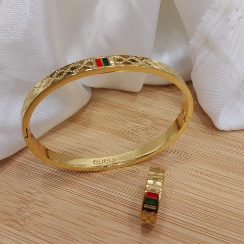 Gold Plated Stainless Steel Bangles & Matching Ring Set, Elegant Fashion Jewelry