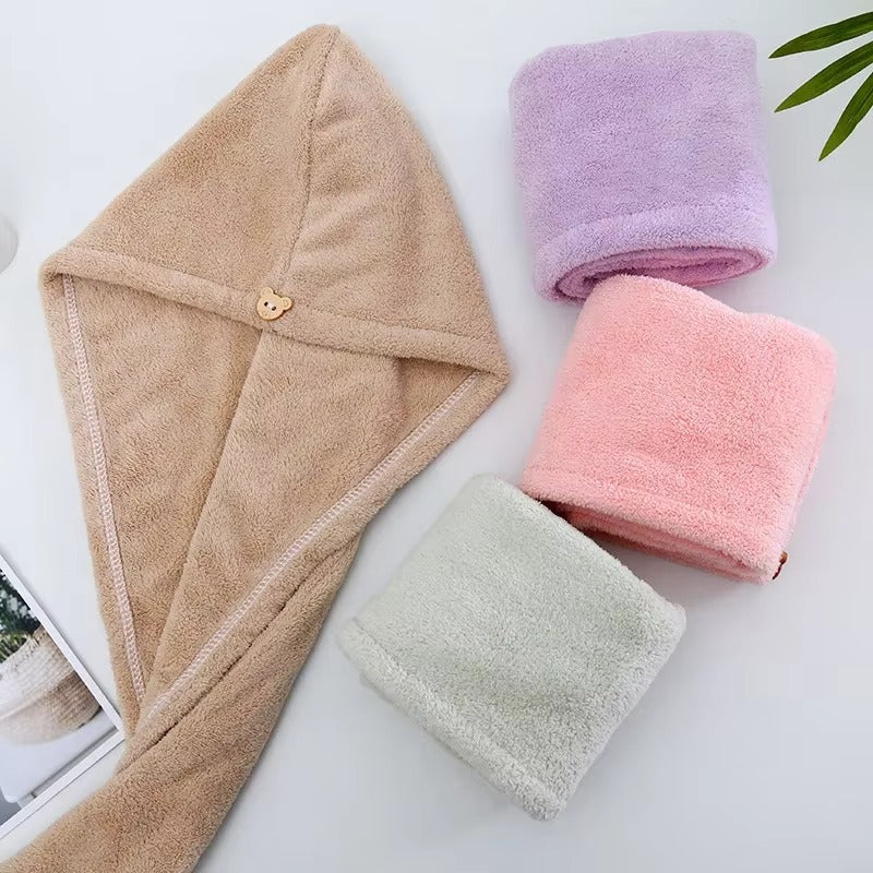 Microfiber Hair Drying Towel Cap Quick Absorb With Button Loop