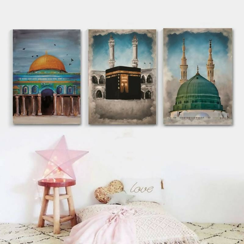 3 pcs islamic Holiest Sites Representation Wallmate set for Home Decoration.