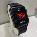 PEACE LED Digital Watch, Minimalist Red Display Silicone Strap