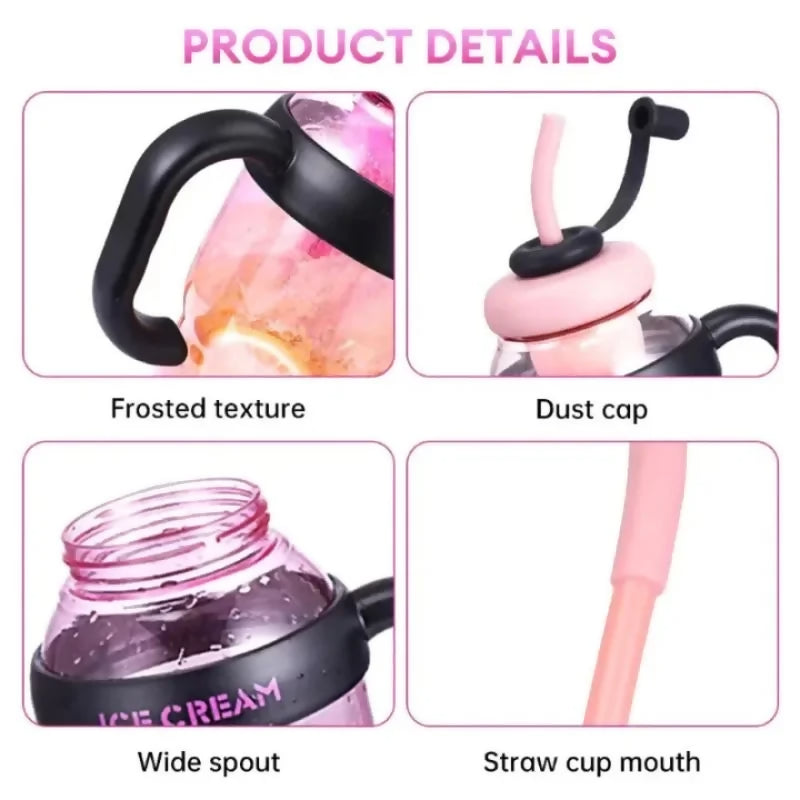 Ice Cream Water Bottle with Straw & Tea Infuser | 1400ml | | Large Capacity Gym & Summer Drink Bottle | Random color