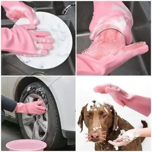 Silicone Dishwashing & Cleaning Pair Gloves – Reusable Heat Resistant Scrubber Gloves for Kitchen, Bathroom & Household Cleaning | Random Color