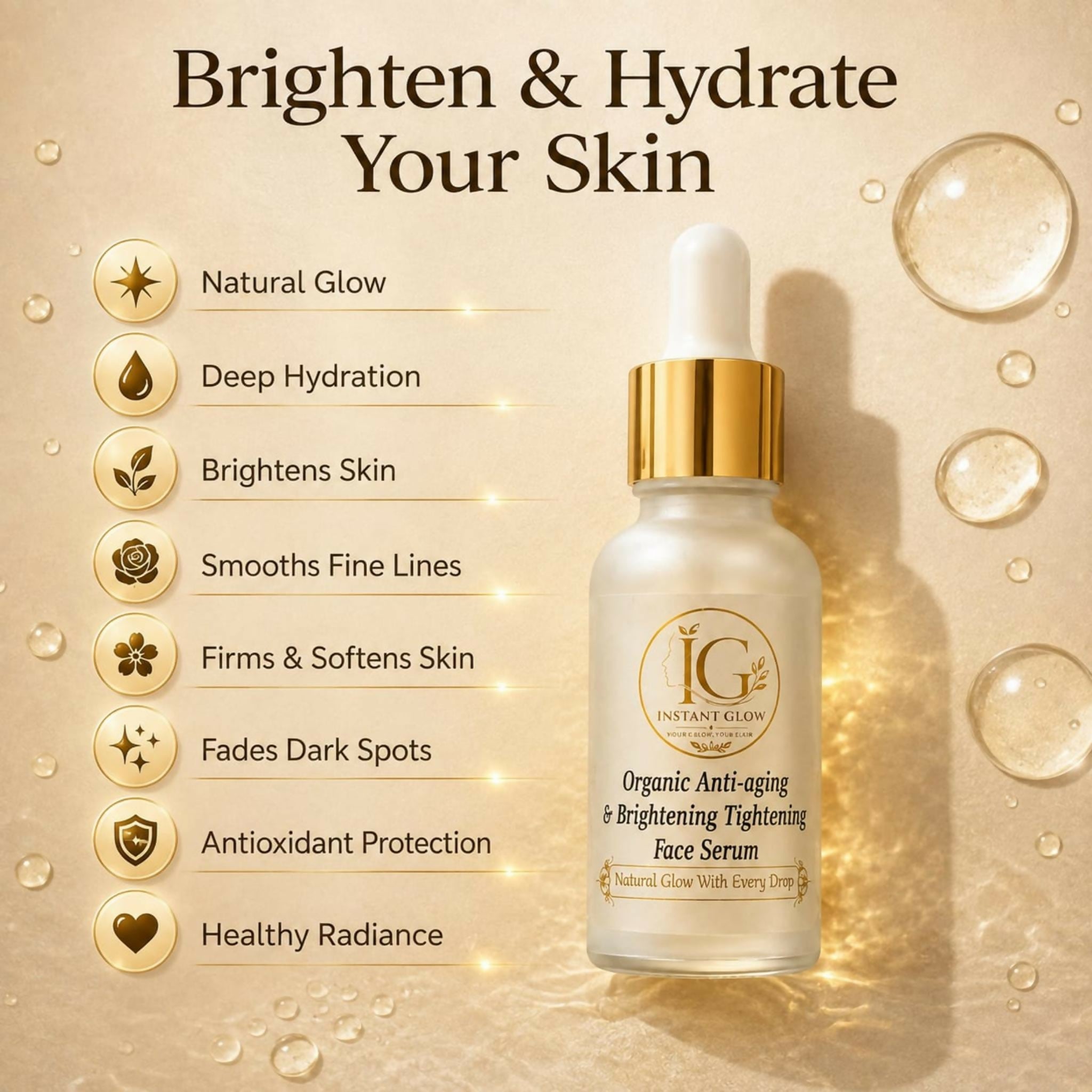 Organic Anti-Aging & Brightening Face Serum – Instant Glow & Skin Tightening - 30ml